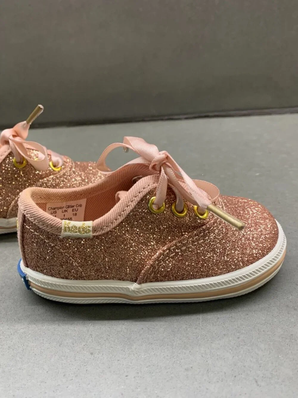 Keds Champion Glitter Crib Shoes Rose Gold Pink Satin Ribbon Size 2M Baby